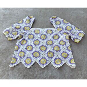 Week& Crochet knit cropped floral daisy short puff sleeve top size S/M